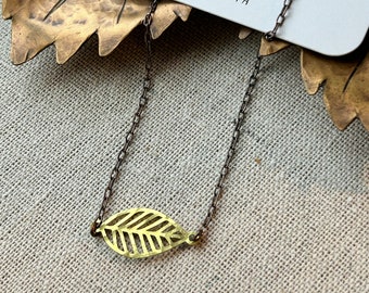 Necklace - Antiqued natural brass chain, tiny hammered raw brass leaf, lead & nickel free, hypoallergenic, Erie Pa