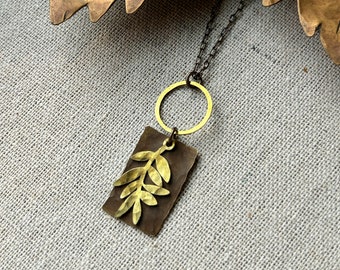 Necklace - Antiqued natural brass chain, hammered brass ring, brass rectangle, raw brass leaves, lead & nickel free, hypoallergenic