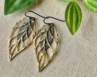 Earrings, Hammered natural brass, niobium wire, lead & nickel free, hypoallergenic, patina, leaf, unique, Erie Pa