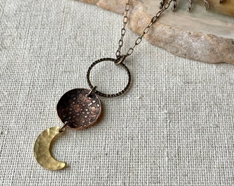 Necklace - Antiqued natural brass chain, lead & nickel free, hypoallergenic, brass, copper, moon phases, Erie Pa