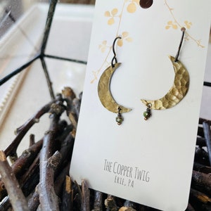 Earrings - Hammered natural brass, niobium wire, lead & nickel free, hypoallergenic, glass beads, moon, unique earrings, Erie Pa