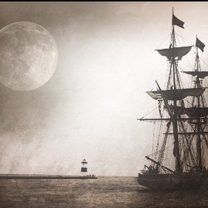 Paisaje - U.S. Brig Niagara, barco, North Pier Lighthouse, tono sepia, metálico, agua, luna, Erie PA, foto