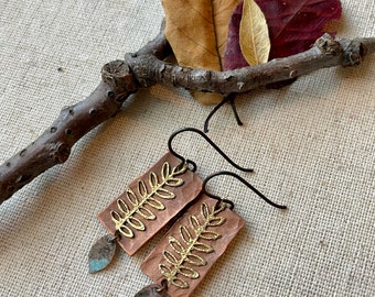 Earrings - Hammered Copper, brass fern, patina leaf, niobium wire, lead & nickel free, hypoallergenic, unique earrings, Erie Pa