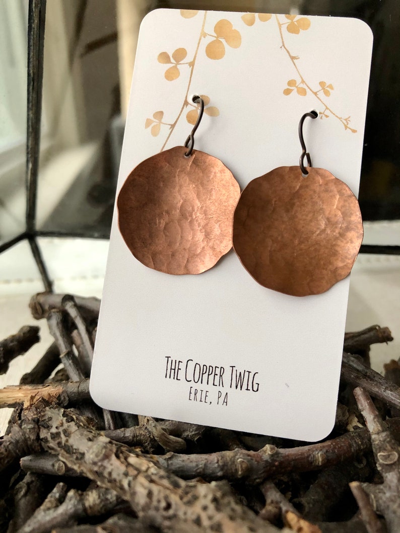 hypoallergenic lead /& nickel free niobium wire Earrings unique earrings Hammered copper discs