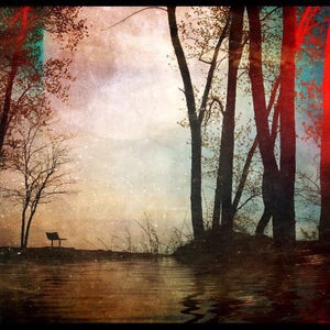 Landscape - Erie, Pennsylvania, beach 6, Presque Isle state park, destroyed film, bench, red, moon, stars, water photography
