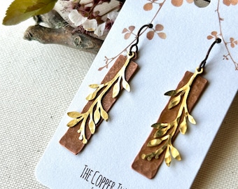 Earrings - Hammered antiqued copper, natural brass branches w/leaves, niobium ear wire, lead & nickel free, hypoallergenic, Erie PA