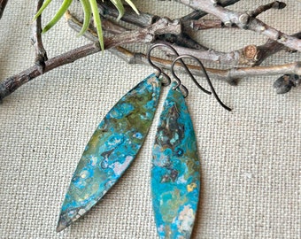 Earrings -  Large brass leaf shape, hand patina, niobium wire, lead & nickel free, hypoallergenic, nature, one of a kind earrings, Erie Pa