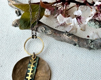 Necklace - Antiqued natural brass chain, hammered raw brass ring, brass disc, patina bar, Nordic symbol, lead & nickel free, hypoallergenic