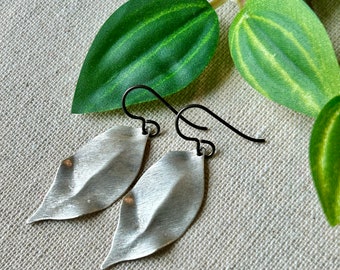 Earrings - Etched antiqued silver leaf, niobium wire, lead & nickel free, hypoallergenic, Erie Pa