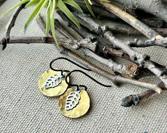 Earrings -  Hammered raw brass disc, tiny silver leaf, niobium wire, lead & nickel free, hypoallergenic, nature, Erie Pa