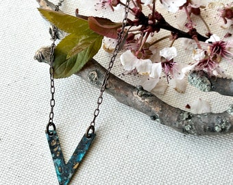 Necklace - Antiqued natural brass chain, tiny   brass triangle w/patina finish, lead & nickel free, hypoallergenic, Erie Pa