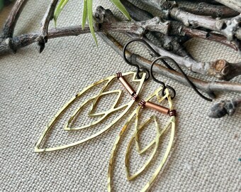 Earrings -  Hammered raw brass geometric shape, tiny copper tube, niobium wire, lead & nickel free, hypoallergenic, Erie Pa