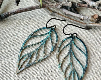 Earrings, hand patina brass leaf, niobium wire, lead & nickel free, hypoallergenic, one of a kind, Erie Pa