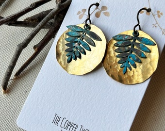 Earrings -  Hammered brass disc, hand patina fern leaf, niobium wire, lead & nickel free, hypoallergenic, nature, Erie Pa