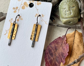 Earrings - Hammered brass rectangle, stamped dots, brass bar w/patina finish, niobium ear wire, lead & nickel free, hypoallergenic, Erie PA