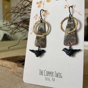 Earrings - Hammered natural brass ring, brass w/patina, black bird, niobium wire, lead & nickel free, hypoallergenic, unique earrings