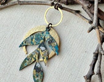 Necklace - Antiqued natural brass chain, hammered brass ring, brass crescent moon, hand patina leaves, lead & nickel free, hypoallergenic