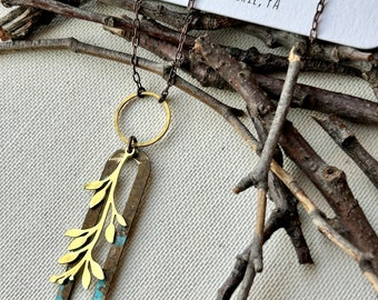 Necklace - Antiqued natural brass chain, hammered brass ring w/brass leaves, patina oval, tiny glass bead lead & nickel free, hypoallergenic