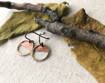 Earrings - Hammered natural brass, hammered Copper, niobium wire, lead & nickel free, hypoallergenic, glass beads, unique earrings, Erie Pa