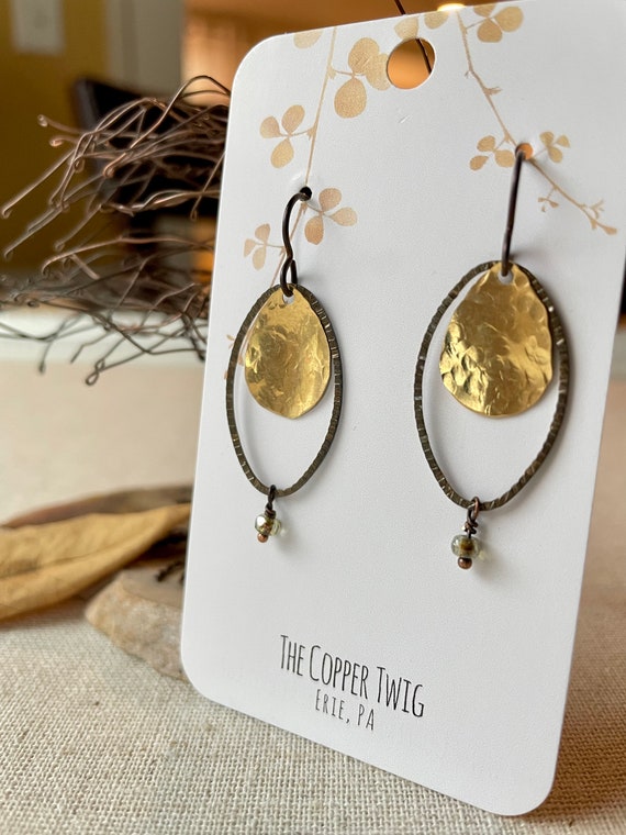 Earrings Stamped Natural Brass Oval Hammered Brass Drop Silver