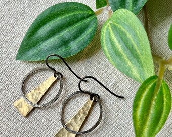 Earrings - Hammered antique brass ring, hammered triangular brass, niobium wire, lead & nickel free, hypoallergenic, lightweight, Erie Pa