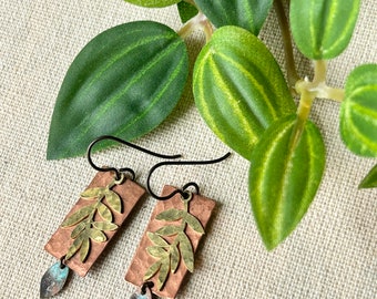 Earrings - Hammered Copper, brass leaves, patina leaf, niobium wire, lead & nickel free, hypoallergenic, unique earrings, Erie Pa