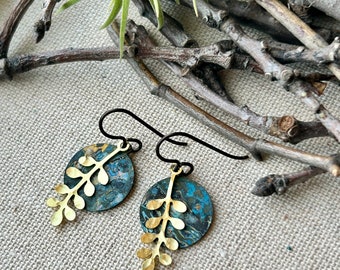 Earrings - Raw brass discs with hand patina finish, gold leaves, niobium wire, lead & nickel free, hypoallergenic