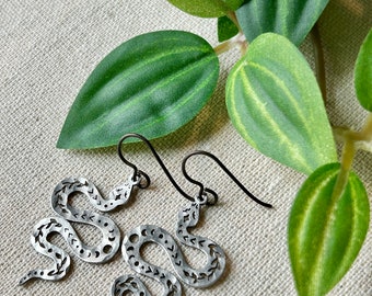 Earrings -  Laser cut hammered stainless steel snakes, niobium wire, lead & nickel free, hypoallergenic, Erie Pa