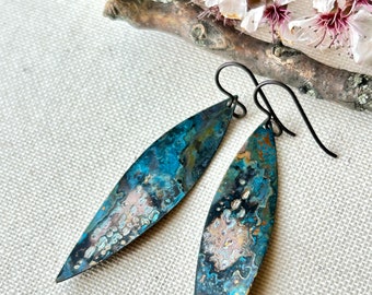 Earrings -  Large brass leaf shape, hand patina, niobium wire, lead & nickel free, hypoallergenic, nature, one of a kind earrings, Erie Pa