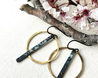Earrings - Hammered natural brass ring, brass bar w/patina finish, niobium wire, lead & nickel free, hypoallergenic, Erie Pa