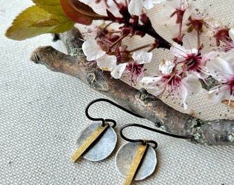 Earrings -  Hammered antiqued silver disc, raw brass bar, niobium wire, lead & nickel free, hypoallergenic, nature, Erie Pa