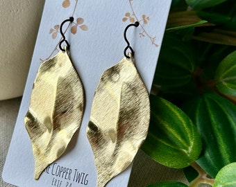 Earrings - Large etched raw brass leaf, niobium wire, lead & nickel free, hypoallergenic, Erie Pa