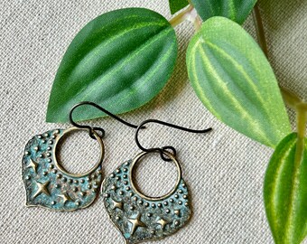 Earrings - Brass with stars, patina, niobium wire, lead & nickel free, hypoallergenic, unique earrings, Erie Pa