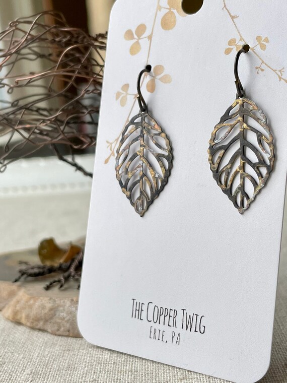 CopperTwigGallery Earrings Small Brass Leaf Patina Niobium Wire Lead Nickel Free Hypoallergenic Nature Unique Earrings Erie Pa