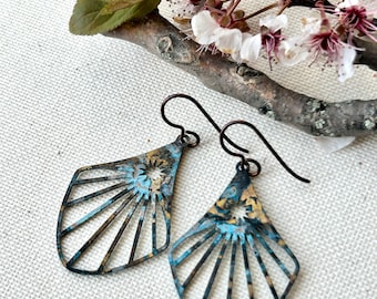 Earrings, hand patina fan shape w/sun cutout, niobium wire, lead & nickel free, hypoallergenic, one of a kind, Erie Pa