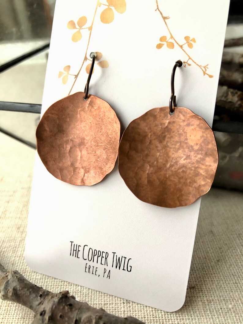 hypoallergenic lead /& nickel free niobium wire Earrings unique earrings Hammered copper discs
