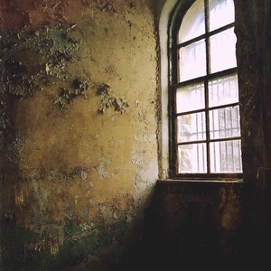 Photography - Wabi sabi, Ohio State Reformatory, Mansfield Ohio, window, bars, prison, green, red, paint peeling, spooky, creepy
