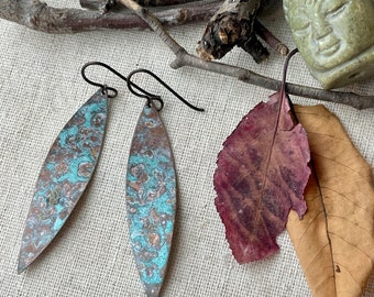 Earrings - Brass leaf shape with patina finish, niobium wire, lead & nickel free, hypoallergenic, Erie Pa