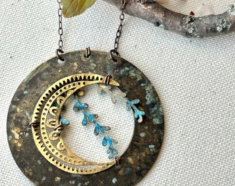 Antiqued natural brass chain, hammered brass moon, large open brass circle w/patina, branch w/ leaves, lead & nickel free, hypoallergenic