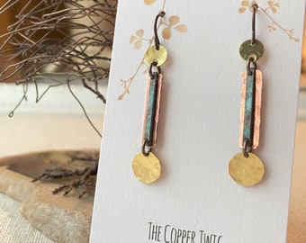 Earrings - Hammered natural brass discs, brass bar w/patina , hammered copper rectangle, niobium wire, lead & nickel free, hypoallergenic