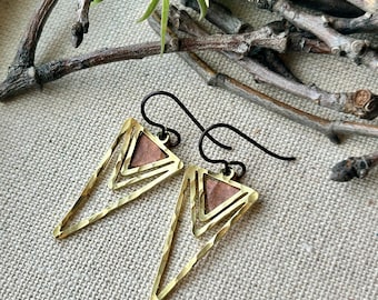 Earrings -  Hammered raw brass triangles, tiny hammered hand cut copper triangle, niobium wire, lead & nickel free, hypoallergenic, Erie Pa