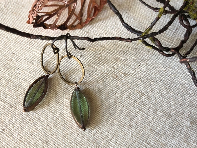 Earrings unique earrings niobium wire hypoallergenic lead /& nickel free Czech glass beads Hammered natural brass