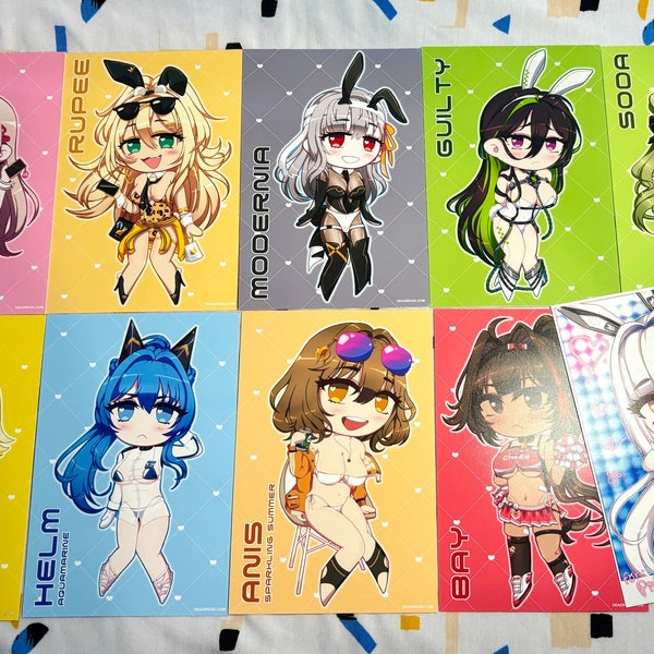 Impressions de cartes postales NIKKE - Lapin/été/etc - Viper, Rupee, Modernia, Guilty, Soda, Elegg, Helm, Anis, Bay, Noir, Blanc - Déesse de la victoire