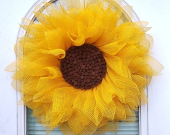 Fabric Mesh Sunflower, Sunflower Yellow Sunflower, Summer Sunflower Wreath,  Fall Sunflower Wreath, Everyday Sunflower Wreath, Flower Wreath