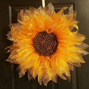 Couronne de tournesol, couronne de tournesol en maille déco, couronne d'été, couronne de porte d'entrée, couronne de tous les jours, décor à la maison, couronne de fleurs