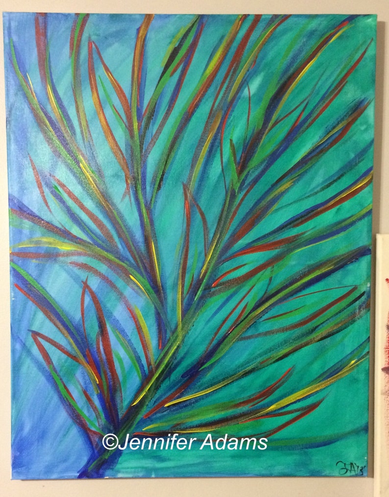 May include: Abstract painting of a stylized branch with blue, green, yellow, and red brushstrokes on a turquoise background. The painting is signed "Jennifer Adams" in the lower right corner.