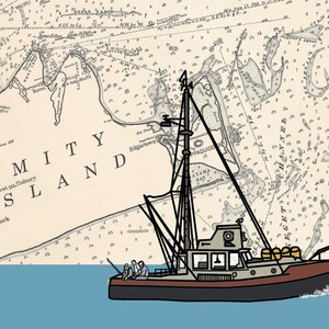 May include: Illustration of a fishing boat sailing on blue water, set against a vintage nautical chart of Amity Island. The boat is brown and gray with a tall mast and a few figures on deck. The chart is beige with black text and lines.