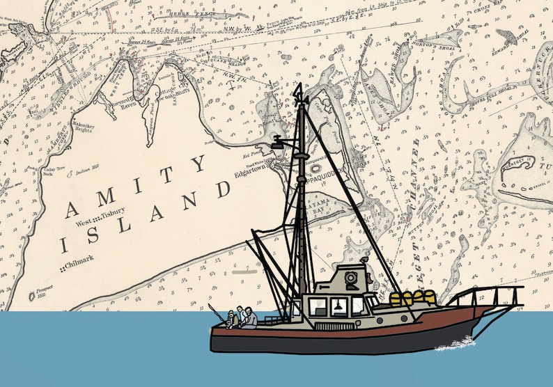 May include: Illustration of a fishing boat sailing on blue water, set against a vintage nautical chart of Amity Island. The boat is brown and gray with a tall mast and a few figures on deck. The chart is beige with black text and lines.