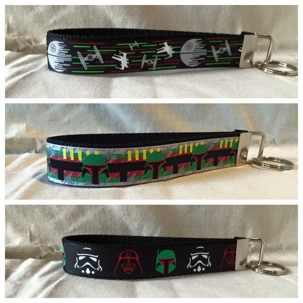 Darth Vader Boba Fett Death Star Storm Trooper Star Wars Inspired Key Fob Wristlet Key Chain 1" Designer Ribbon