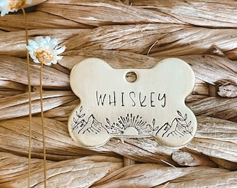 Dog Tag, Pet Id Tag, Personalized Dog Tag, Hand Stamped Dog Tag, Engraved Dog Tag, MOUNTAIN SUNRISE BONE